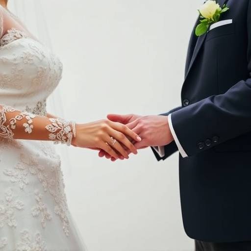 Foto de um casamento no Studio Luz & Cor, mostrando os noivos trocando alianäas.