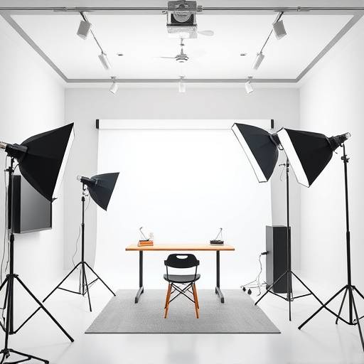 Interior do Studio Luz & Cor, mostrando equipamentos e iluminaäão profissional.