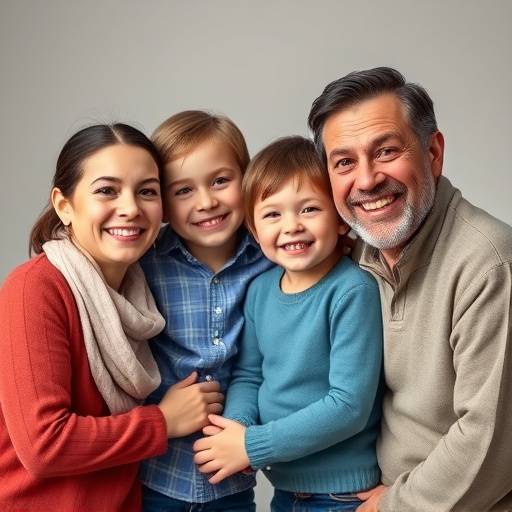 Um retrato de família feliz, tirado no Studio Luz & Cor, com pais e dois filhos sorrindo.